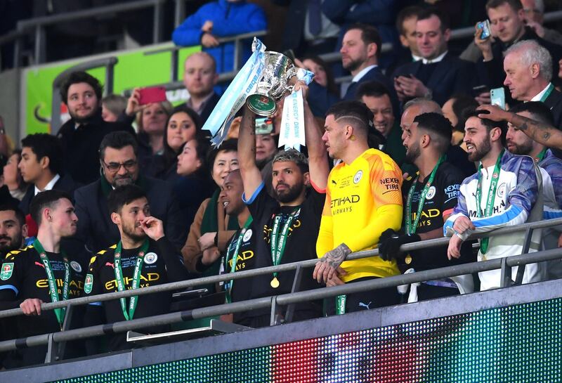 LONDON, ENGLAND - MARCH 01: Sergio Aguero of Manchester City lifts The Carabao Cup trophy following his side's victory during the Carabao Cup Final between Aston Villa and Manchester City at Wembley Stadium on March 01, 2020 in London, England. (Photo by Laurence Griffiths/Getty Images)