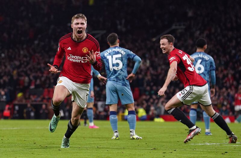Manchester United's Rasmus Hojlund celebrates scoring their side's third goal against Aston Villa at the Old Trafford. AP