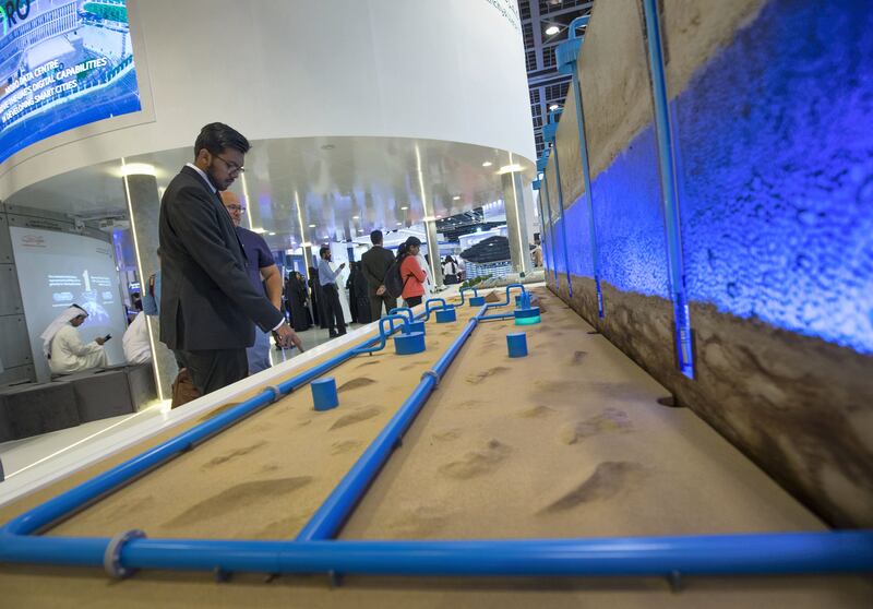 Dubai, United Arab Emirates - DEWA stand with a model of how they desalinized sea water at WETEX, Dubai International Convention and Exhibition Centre.  Leslie Pableo for The National for Jennifer Ghana's story
