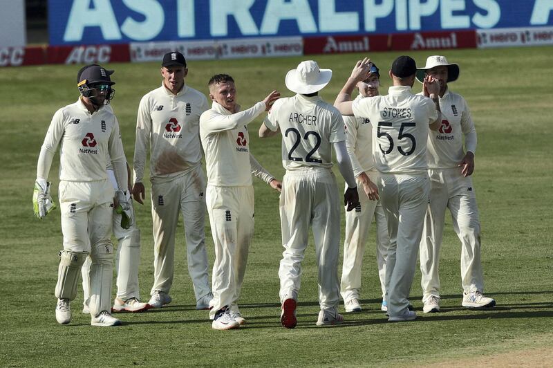 England team celebrates the wicket of Rishabh Pant of (WK) India during day three of the first test match between India and England held at the Chidambaram Stadium stadium in Chennai, Tamil Nadu, India on the 7th February 2021

Photo by Saikat Das/ Sportzpics for BCCI