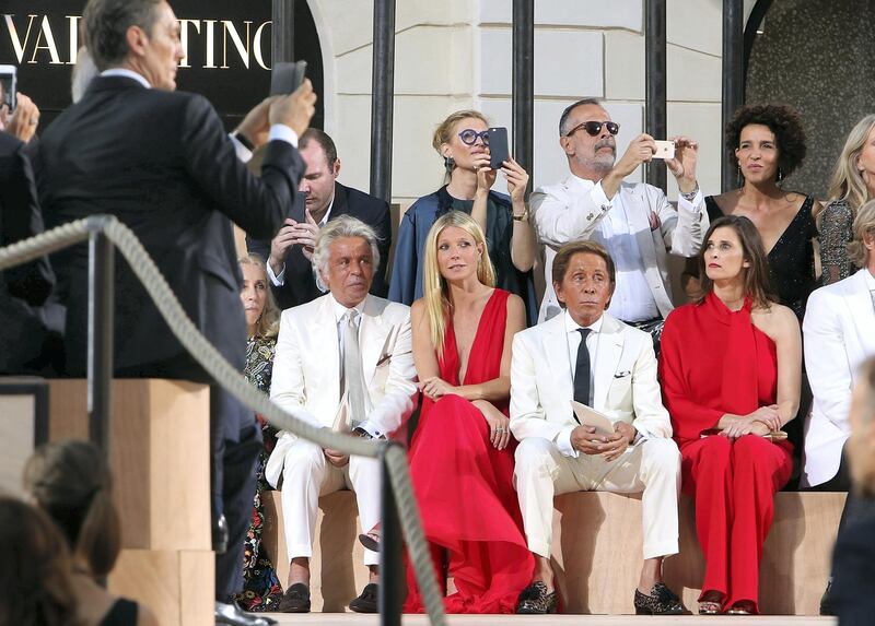 ROME, ITALY - JULY 09: (L-R) Giancarlo Giammetti, Gwyneth Paltrow and Valentino Garavani attend the Valentinos 'Mirabilia Romae' haute couture collection fall/winter 2015 2016 at Piazza Mignanelli on July 9, 2015 in Rome, Italy.  (Photo by Elisabetta Villa/Getty Images)