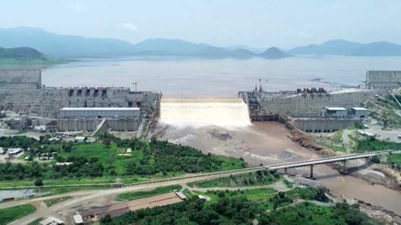 This frame grab from a video obtained from the Ethiopian Public Broadcaster (EBC) on July 20 and July 21, 2020 and released on July 24, 2020 shows an aerial view of water levels at the Grand Ethiopian Renaissance Dam in Guba, Ethiopia, as Prime Minister Abiy Ahmed hails the "historic" early filling of the reservoir on the Blue Nile River that has stoked tensions with downstream neighbours Egypt and Sudan. (Photo by - / Ethiopian Public Broadcaster (EBC) / AFP) / RESTRICTED TO EDITORIAL USE - MANDATORY CREDIT "AFP PHOTO /Ethiopian Public Broadcaster (EBC) " - NO MARKETING - NO ADVERTISING CAMPAIGNS - DISTRIBUTED AS A SERVICE TO CLIENTS