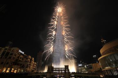 Fireworks illuminate the sky around Burj Khalifa, the tallest building in the world, during New Year celebrations in Dubai. EPA/ALI HAIDER