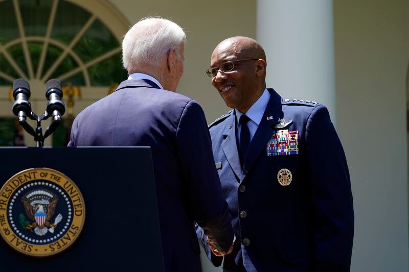 President Joe Biden shakes hands with Gen Charles Brown, who has been nominated as the next Chairman of the Joint Chiefs of Staff. AP