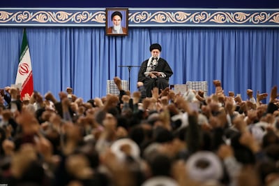 A handout picture provided by the official website of Iran's supreme leader Ali Khamenei shows him addressing the crowd during an event held in Tehran on February 5, 2020 on the  occasion of the 41th anniversary of the victory of the Islamic revolution which toppoled the monarchy in 1979. === RESTRICTED TO EDITORIAL USE - MANDATORY CREDIT "AFP PHOTO / HO / IRANIAN SUPREME LEADER'S WEBSITE" - NO MARKETING NO ADVERTISING CAMPAIGNS - DISTRIBUTED AS A SERVICE TO CLIENTS ===
 / AFP / IRANIAN SUPREME LEADER'S WEBSITE / HO / === RESTRICTED TO EDITORIAL USE - MANDATORY CREDIT "AFP PHOTO / HO / IRANIAN SUPREME LEADER'S WEBSITE" - NO MARKETING NO ADVERTISING CAMPAIGNS - DISTRIBUTED AS A SERVICE TO CLIENTS ===

