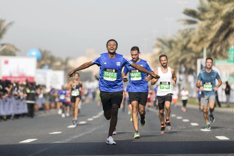 DUBAI, UNITED ARAB EMIRATES - Jan 26, 2018. 

Runners arriving at the finish line at the Standard Chartered Dubai Marathon. 

(Photo by Reem Mohammed/The National)

Reporter: Amith
Section: NA + SP