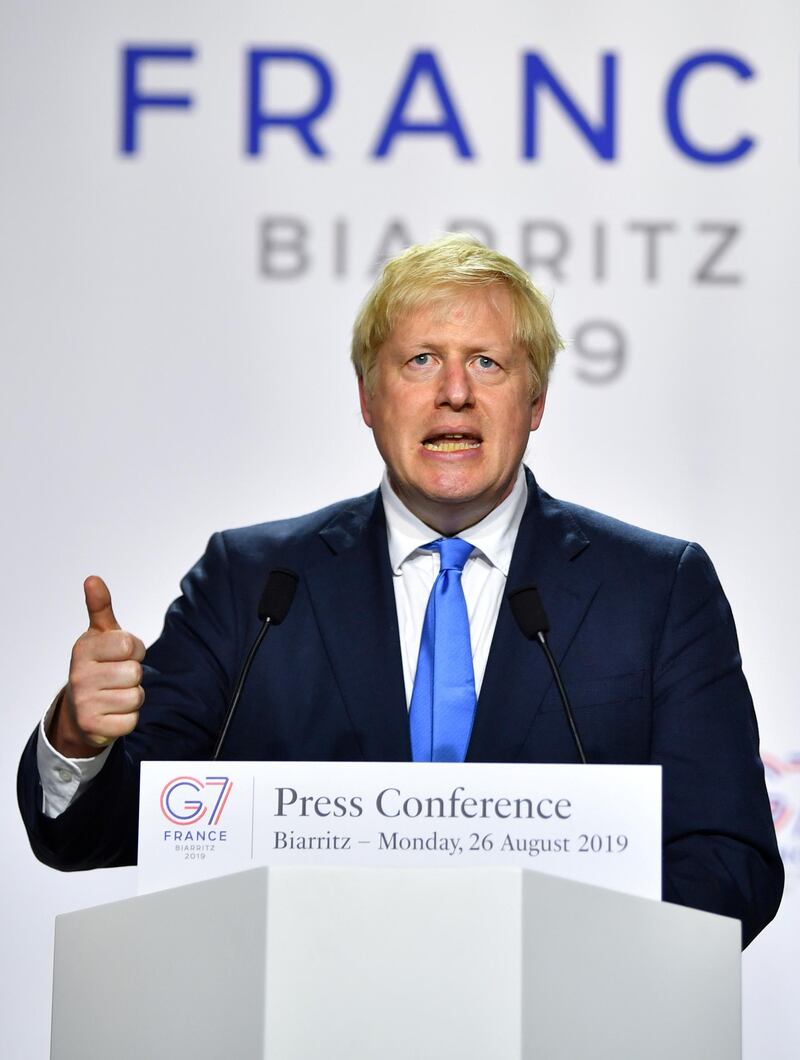 Britain's Prime Minister Boris Johnson speaks during a news conference at the end of the G7 summit in Biarritz, France, August 26, 2019. REUTERS/Dylan Martinez