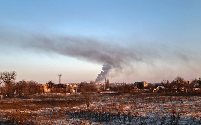 Smoke rises after shelling in Soledar, the site of heavy battles between Ukrainian and Russian forces in the Donetsk region. AP