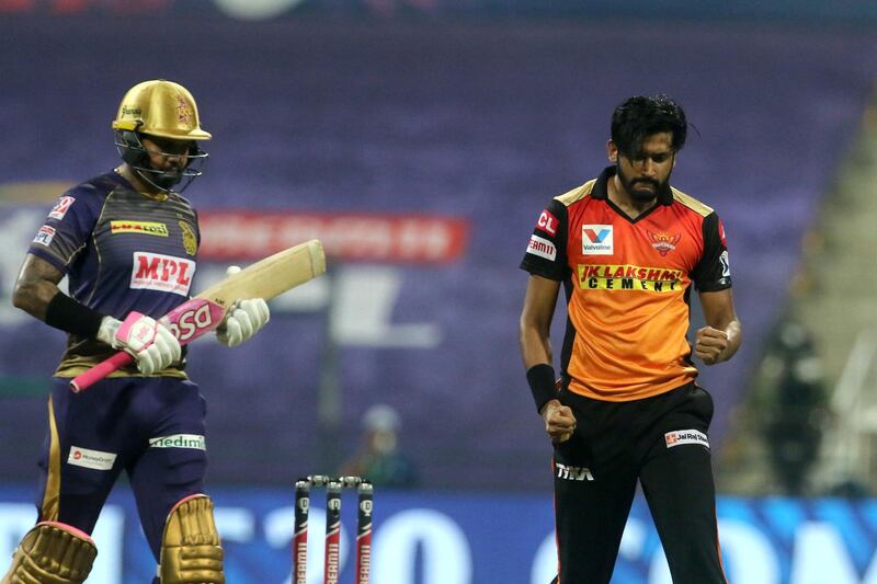 Syed Khaleel Ahmed of Sunrisers Hyderabad celebrates the wicket of Sunil Narine of Kolkata Knight Riders during match 8 of season 13 of the Dream 11 Indian Premier League (IPL) between the Kolkata Knight Riders and the Sunrisers Hyderabad held at the Sheikh Zayed Stadium, Abu Dhabi in the United Arab Emirates on the 26th September 2020.  Photo by: Vipin Pawar  / Sportzpics for BCCI