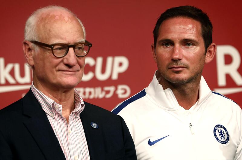 Chelsea manager Frank Lampard, left, and chairman Bruce Buck attend a reception party in Tokyo. AFP