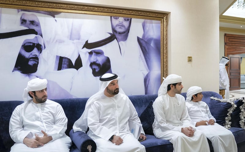AL AIN, ABU DHABI, UNITED ARAB EMIRATES - January 10, 2019: (L-R) HH Sheikh Zayed bin Tahnoon bin Mohamed Al Nahyan, Brigadier General Rashid Mohammed Al Shamsi, HH Sheikh Hazza bin Tahnoon Al Nahyan, Undersecretary to the Ruler's Representative of the Eastern Region of Abu Dhabi and HH Zayed bin Hazza bin Tahnoon, attend a reception at the home of HH Sheikh Tahnoon bin Mohamed Al Nahyan, Ruler's Representative in Al Ain Region (not shown). 

( Mohamed Al Hammadi / Ministry of Presidential Affairs )
---