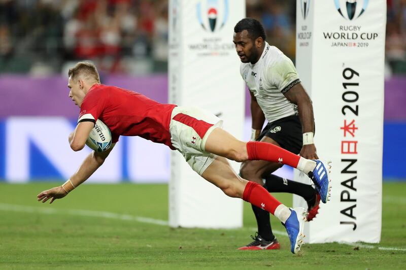 Liam Williams of Wales scores his team's fourth try during the Rugby World Cup 2019 Group D game between Wales and Fiji at Oita Stadium in Oita, Japan. Getty Images