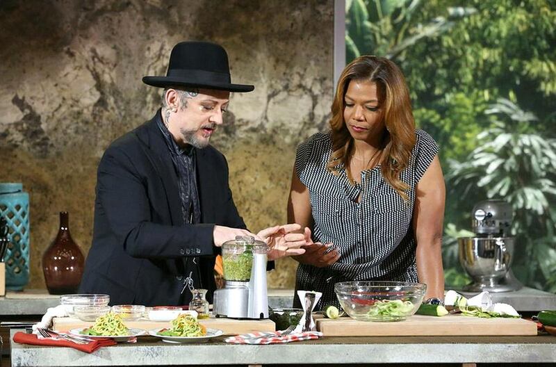 Boy George cooks a vegan meal on the Queen Latifah Show. Courtesy The Queen Latifah Show