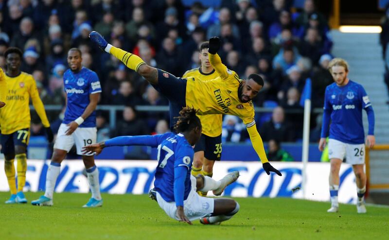 Soccer Football - Premier League - Everton v Arsenal - Goodison Park, Liverpool, Britain - December 21, 2019  Everton's Moise Kean in action with Arsenal's Alexandre Lacazette   REUTERS/Phil Noble  EDITORIAL USE ONLY. No use with unauthorized audio, video, data, fixture lists, club/league logos or "live" services. Online in-match use limited to 75 images, no video emulation. No use in betting, games or single club/league/player publications.  Please contact your account representative for further details.