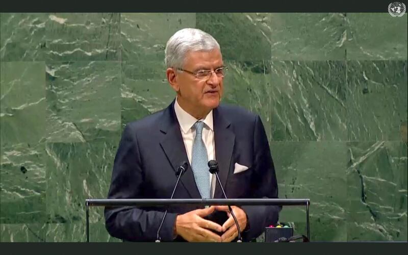 United Nations General Assembly President Volkan Bozkir, of Turkey, speaks during the 75th session of the United Nations General Assembly. UNTV via AP