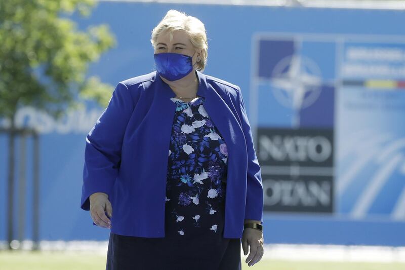 Norway's Prime Minister Erna Solberg arrives for the NATO summit at the Alliance's headquarters, in Brussels, Belgium, June 14, 2021. Olivier Hoslet/Pool via REUTERS