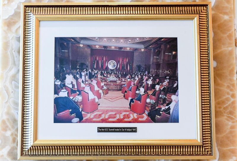 40 Year Anniversary of GCC Summit-AD  Old images displayed in the main lobby of the GCC Summit in 1981 at the InterContinental Hotel in Abu Dhabi on May 20, 2021. Khushnum Bhandari / The National 
Reporter: Kelly Clarke News
