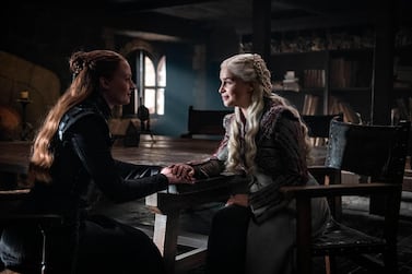 Sophie Turner, left, and Emilia Clarke, right, in a scene from 'Game of Thrones'. Helen Sloan / HBO via AP