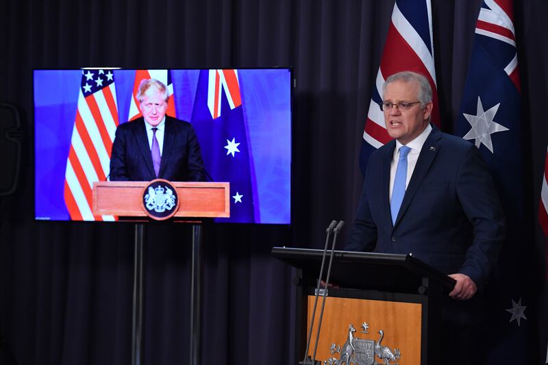 Australian Prime Minister Scott Morrison attends a joint press conference via video link with Britain's Prime Minister Boris Johnson.  Australia, the UK and the US have created a trilateral security partnership known as AUKUS.  EPA