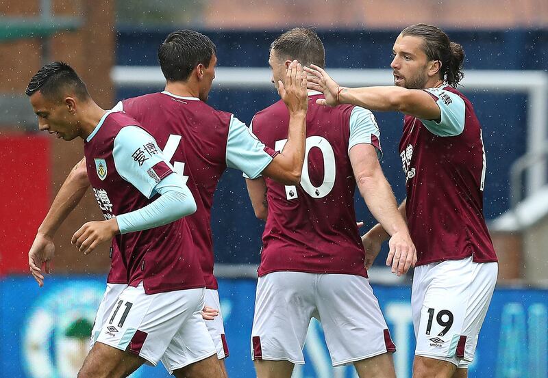 Burnley's Jay Rodriguez (right) celebrates scoring his teams 1st goal during the pre-season friendly match at the DW Stadium, Wigan. PRESS ASSOCIATION Photo. Picture date: Saturday July 27, 2019. See PA story SOCCER Wigan. Photo credit should read: Martin Rickett/PA Wire. RESTRICTIONS: EDITORIAL USE ONLY No use with unauthorised audio, video, data, fixture lists, club/league logos or "live" services. Online in-match use limited to 120 images, no video emulation. No use in betting, games or single club/league/player publications.