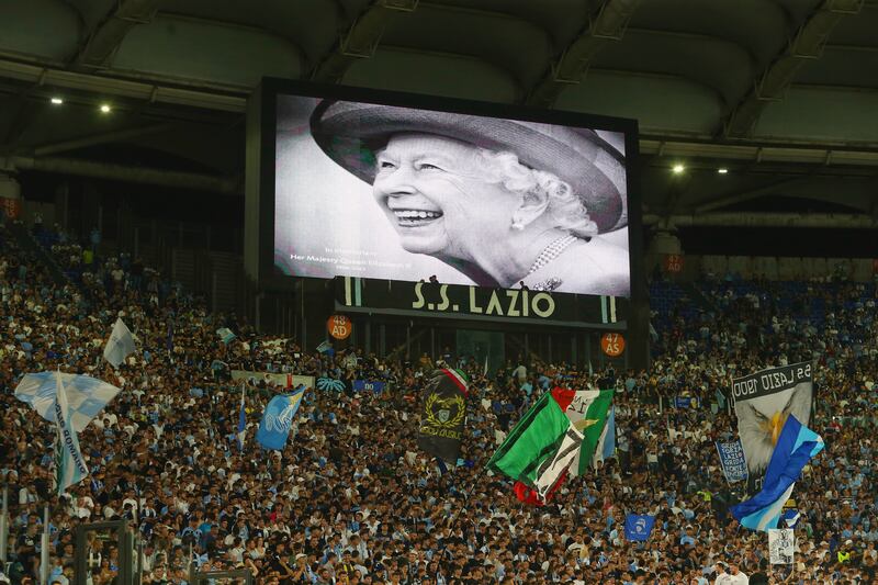 The queen's image appears on a screen during a Uefa Europa League match between Lazio and Feyenoord in Rome, Italy. Getty