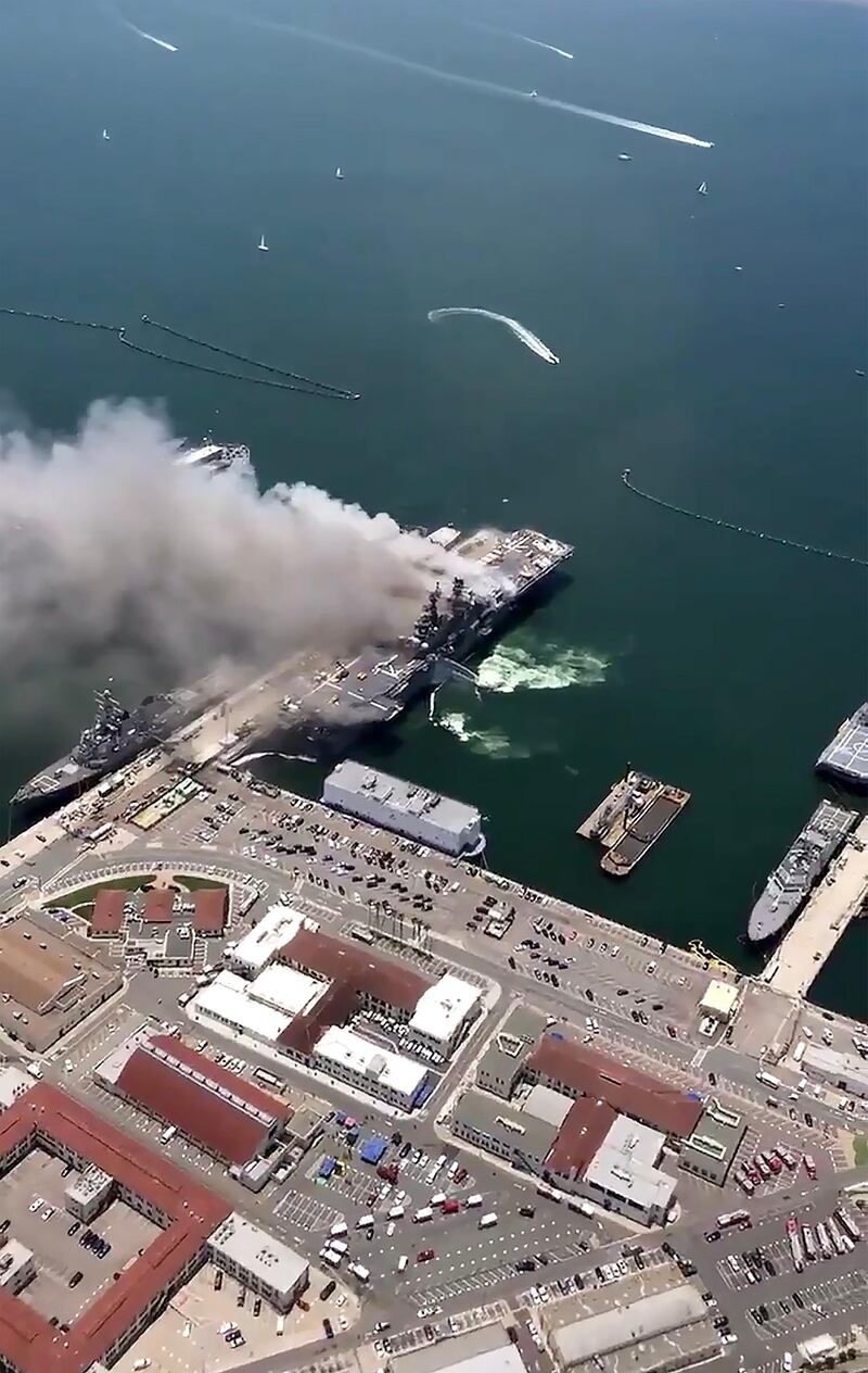 The US Navy ship 'USS Bonhomme Richard' that caught fire injuring at least 21 sailors in San Diego, California, US.  EPA