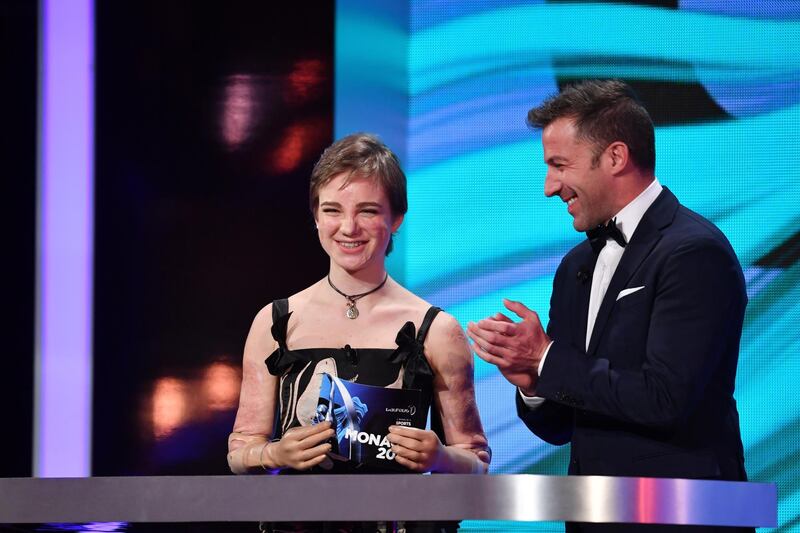 MONACO - FEBRUARY 27:  Bebe Vio and Laureus Academy member Alessandro Del Piero speak on stage during the 2018 Laureus World Sports Awards show at Salle des Etoiles, Sporting Monte-Carlo on February 27, 2018 in Monaco, Monaco.  (Photo by Alexander Koerner/Getty Images for Laureus)