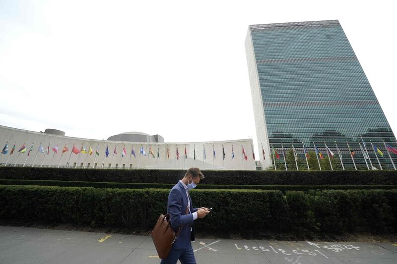 A man passes by the United Nations in New York on September 18, 2020.  AFP