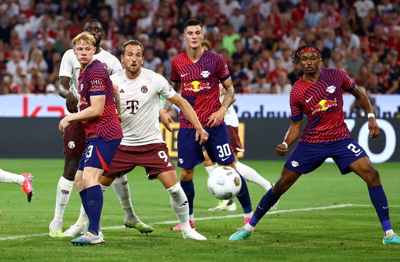 Harry Kane in action during his Bayern Munich debut in the German Super Cup against RB Leipzig at the Allianz Arena in Munich, Germany on August 12, 2023. Reuters