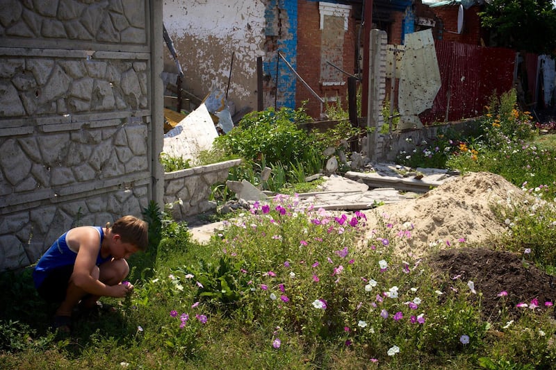 A boy picks flowers in the ruins of Simonovka