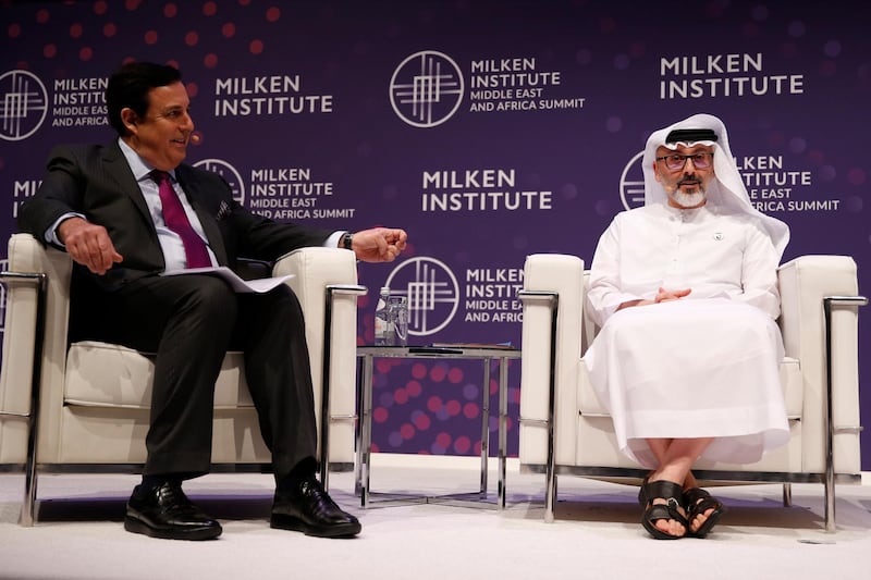 John Defterios, left, Emerging Markets Editor and Anchor of CNN, and Waleed Al Muhairi, right, Deputy Group CEO & Chief Executive Officer of Mubadala Investment Company. in conversation.  EPA