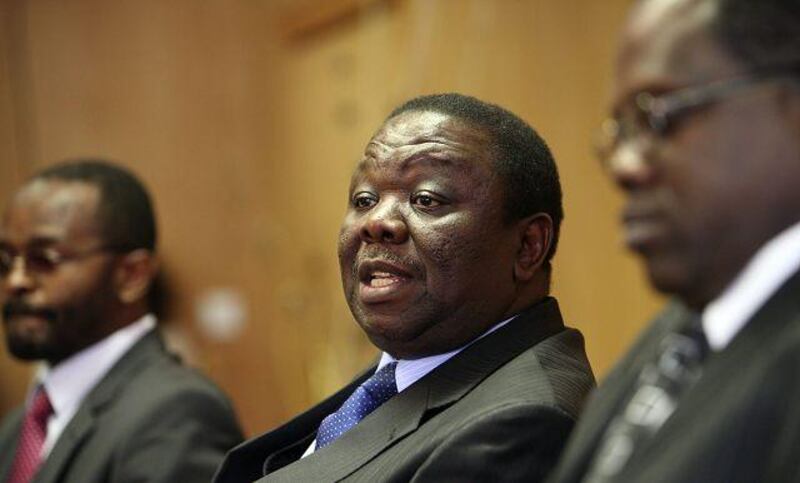 Morgan Tsvangirai, centre, addresses a press conference in Harare last week.