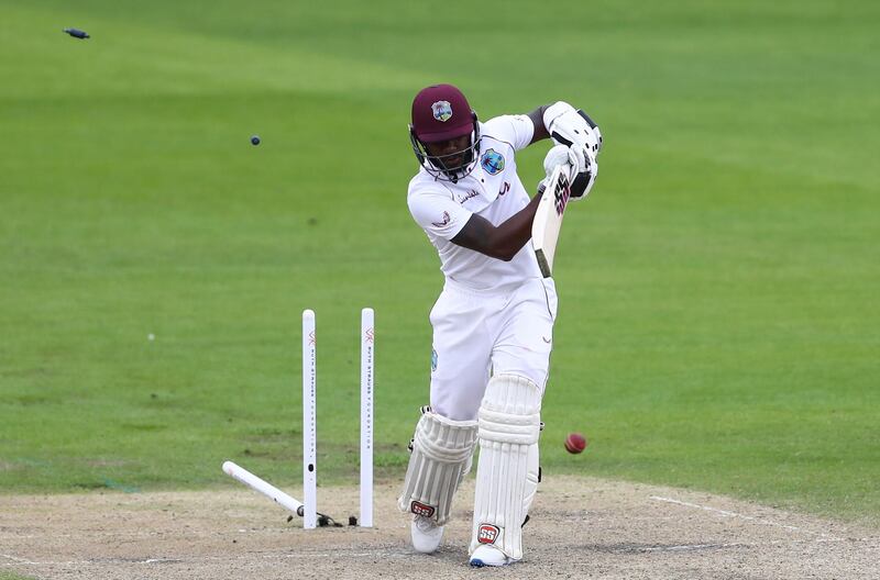 West Indies' Jermaine Blackwood is bowled out by England's Chris Woakes. AP