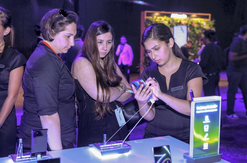 Dubai, United Arab Emirates, August 27, 2019.  Samsung Galaxy Note 10 Launch. --  Visitors check out the Galaxy 10 + phone. Victor Besa/The National
Section:  BZ
Reporter:  Alkesh Sharma