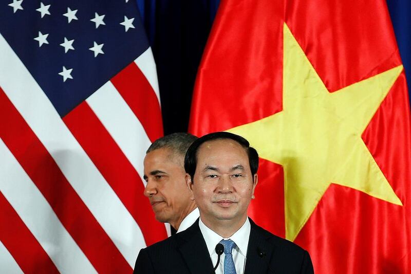 US president Barack Obama at a press conference with Vietnam's president Tran Dai Quang in Hanoi, Vietnam on May 23, 2016. Carlos Barria/Reuters