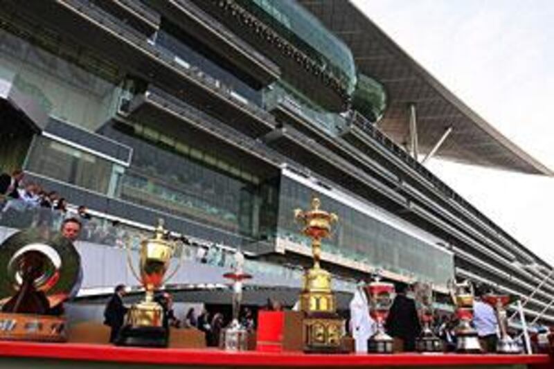 Dubai World Cup trophies displayed before the start of racing at the new Meydan race course.