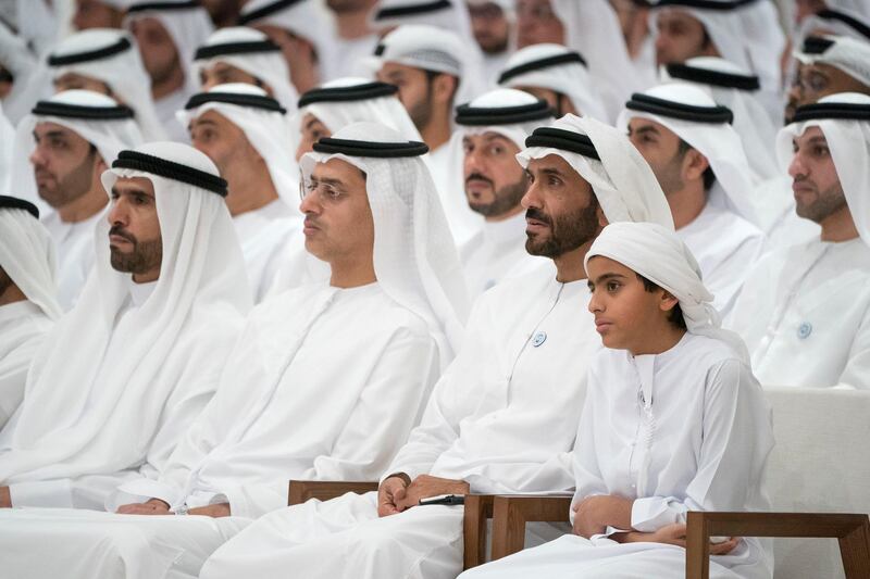 ABU DHABI, UNITED ARAB EMIRATES - May 28, 2018: (R-L) HH Sheikh Zayed bin Nahyan bin Zayed Al Nahyan, HH Sheikh Nahyan Bin Zayed Al Nahyan, Chairman of the Board of Trustees of Zayed bin Sultan Al Nahyan Charitable and Humanitarian Foundation, HH Sheikh Marwan Al Mu'alla and HH Sheikh Faisal bin Saqr Al Qassimi, Chairman of the Ras Al Khaimah Finance Department and Chairman of the RAK Free Zone, attend a lecture by Professor Hugh Herr (not shown), titled ‘The New Era of Extreme Bionics’, at Majlis Mohamed bin Zayed.
 ( Hamad Al Kaabi / Crown Prince Court - Abu Dhabi )
---