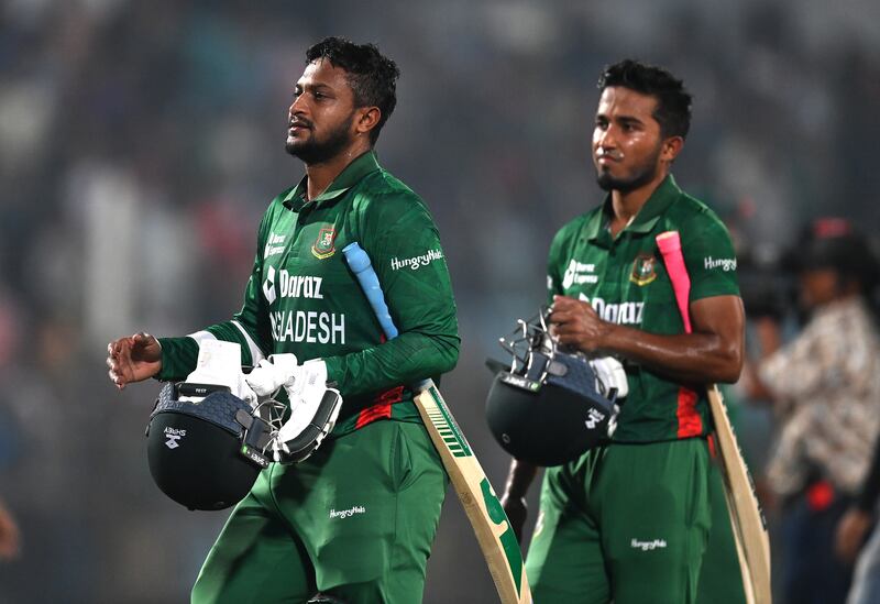 Bangladesh's Shakib Al Hasan, left, and Afif Hossain after leading their side to victory in the first T20 against England at the Zahur Ahmed Chowdhury Stadium in Chattogram on Thursday, March 9, 2023. Getty