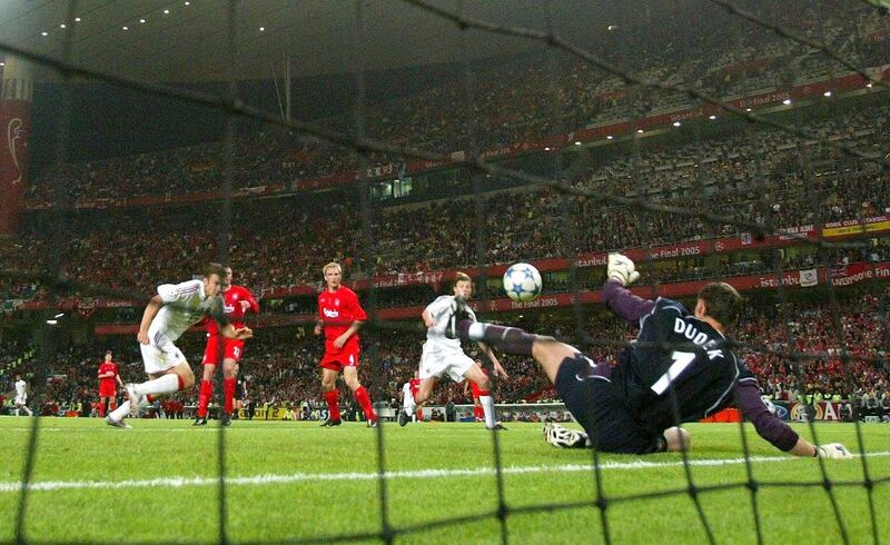 ISTANBUL, TURKEY - MAY 25:  Liverpool goalkeeper Jerzy Dudek of Poland saves a shot from AC Milan forward Andriy Shevchenko of Ukraine during the European Champions League final between Liverpool and AC Milan on May 25, 2005 at the Ataturk Olympic Stadium in Istanbul, Turkey.  (Photo by Ben Radford/Getty Images)