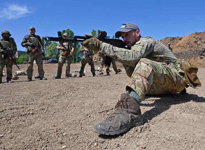 Ukrainian soldiers take part in military exercises in the Kharkiv region. AFP