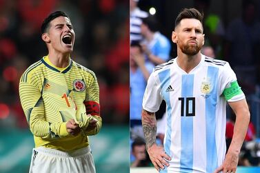 James Rodriguez, left, of Colombia, and Lionel Messi, right, of Argentina, meet in 2019 Copa America action. AFP