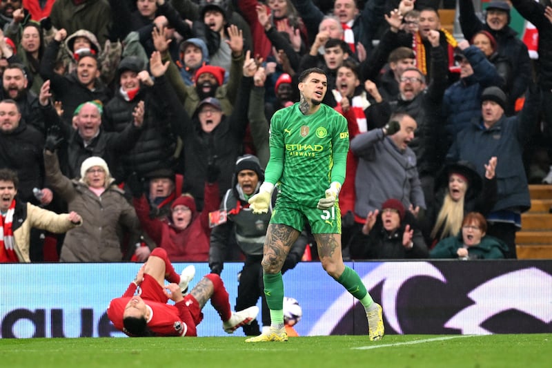 Ederson of Manchester City reacts as a penalty kick is awarded to Liverpool following his foul on Darwin Nunez. Getty Images