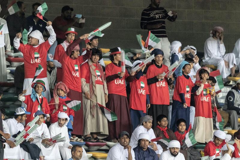 ABU DHABI, UNITED ARAB EMIRATES. 10 JANUARY 2019. AFC Football at Zayed Sports City. UAE vs India match. Fans before the start of the game. (Photo: Antonie Robertson/The National) Journalist: John McAuley. Section: Sport.