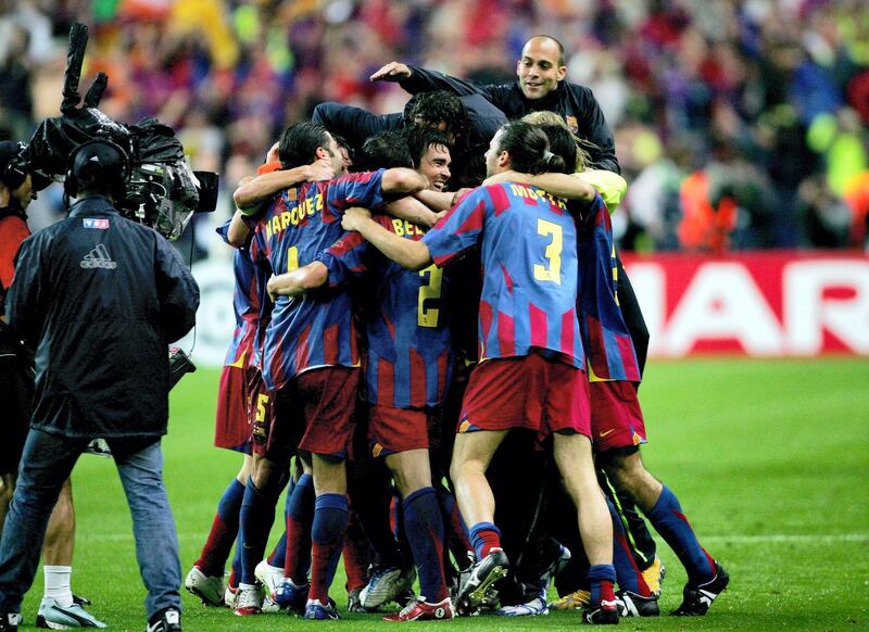 PARIS - MAY 17:  Barcelona celebrate after they win the UEFA Champions League Final between Arsenal and Barcelona at the Stade de France on May 17, 2006 in Paris, France.  (Photo by Alex Livesey/Getty Images)