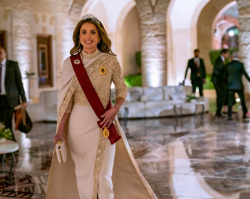 Queen Rania during the dinner banquet at the wedding of Crown Prince Hussein and Princess Rajwa. Photo: Office of Her Majesty Queen Rania Al Abdullah