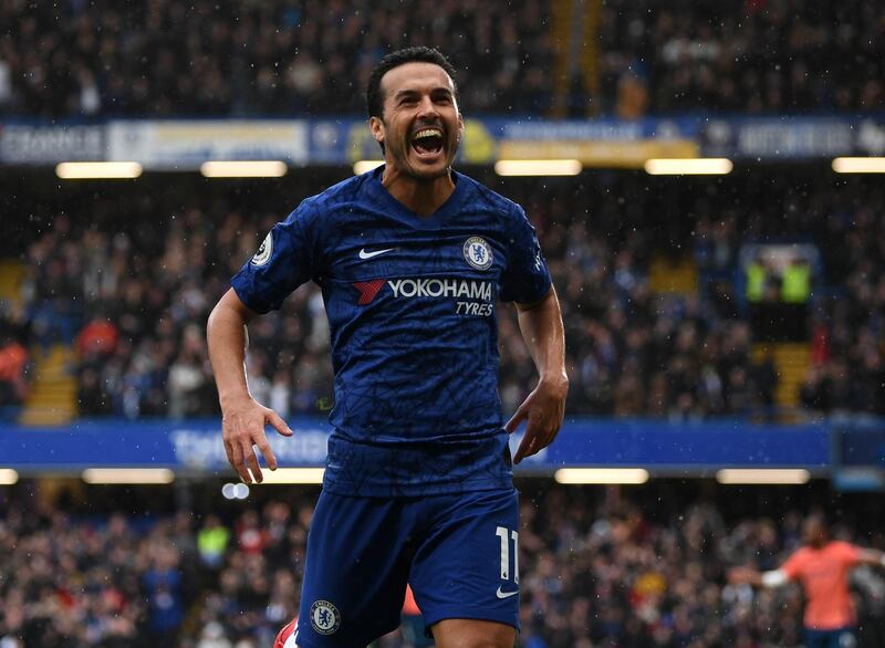 Pedro of Chelsea celebrates after scoring his team's second goal in the 4-0 win over Everton. Getty
