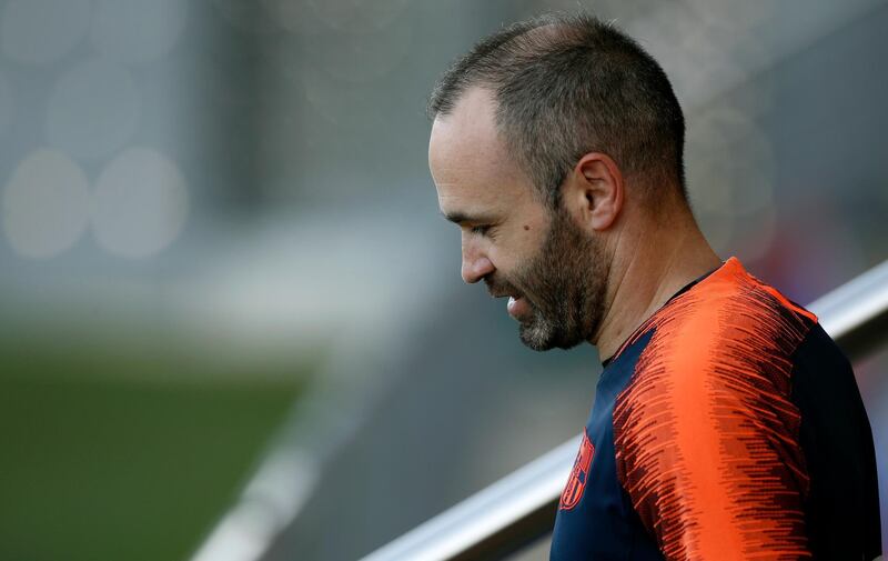 FC Barcelona's Andres Iniesta attends a training session at the Sports Center FC Barcelona Joan Gamper in Sant Joan Despi, Spain, Friday, April 20, 2018. Sevilla will play against FC Barcelona in the Spanish Copa del Rey soccer final on Saturday. (AP Photo/Manu Fernandez)