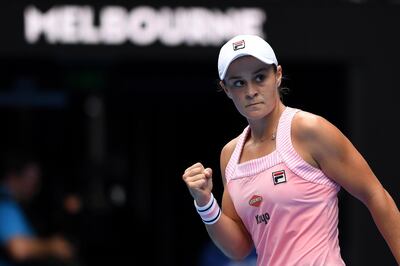 epa07288236 Ashleigh Barty of Australia reacts after defeating Yafan Wang of China during their women's second round match on day three of the Australian Open tennis tournament in Melbourne, Australia, 16 January 2019.  EPA/LUKAS COCH  AUSTRALIA AND NEW ZEALAND OUT