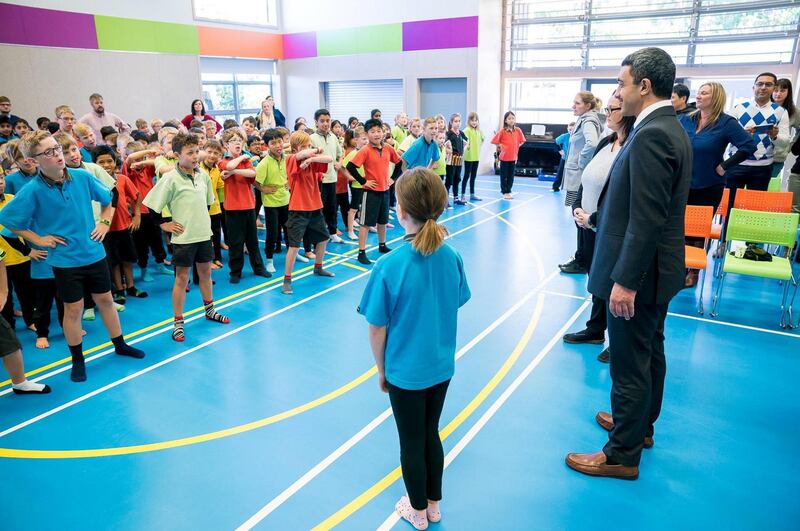 Sheikh Abdullah visits the Amesbury School in Wellington. The pupils greeted him with a 'Haka'.