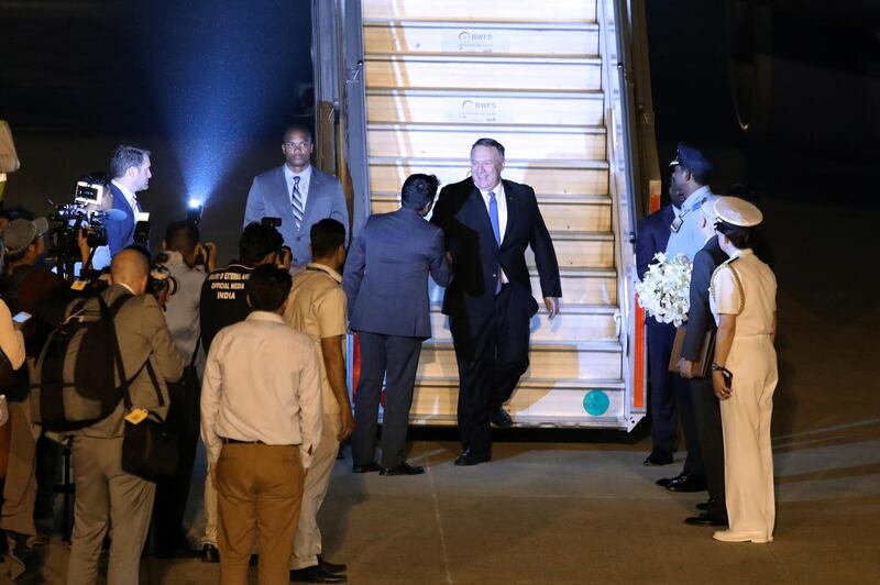 Mike Pompeo arrives at Air Force Station Palam in Delhi, India.  Bloomberg